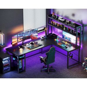 66" L-Shaped Gaming & Office Desk – Corner Desk with Hutch & Storage Shelves for Home & Workstation Setup