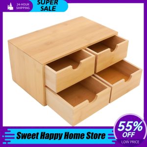2/4-Drawer Mini Bamboo Desk Organizer – Tabletop Storage Box for Office, Home, Toiletries & Supplies